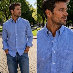 Ralph Lauren XL Gingham Blue White Classic Fit Preppy No Iron Button Down Shirt